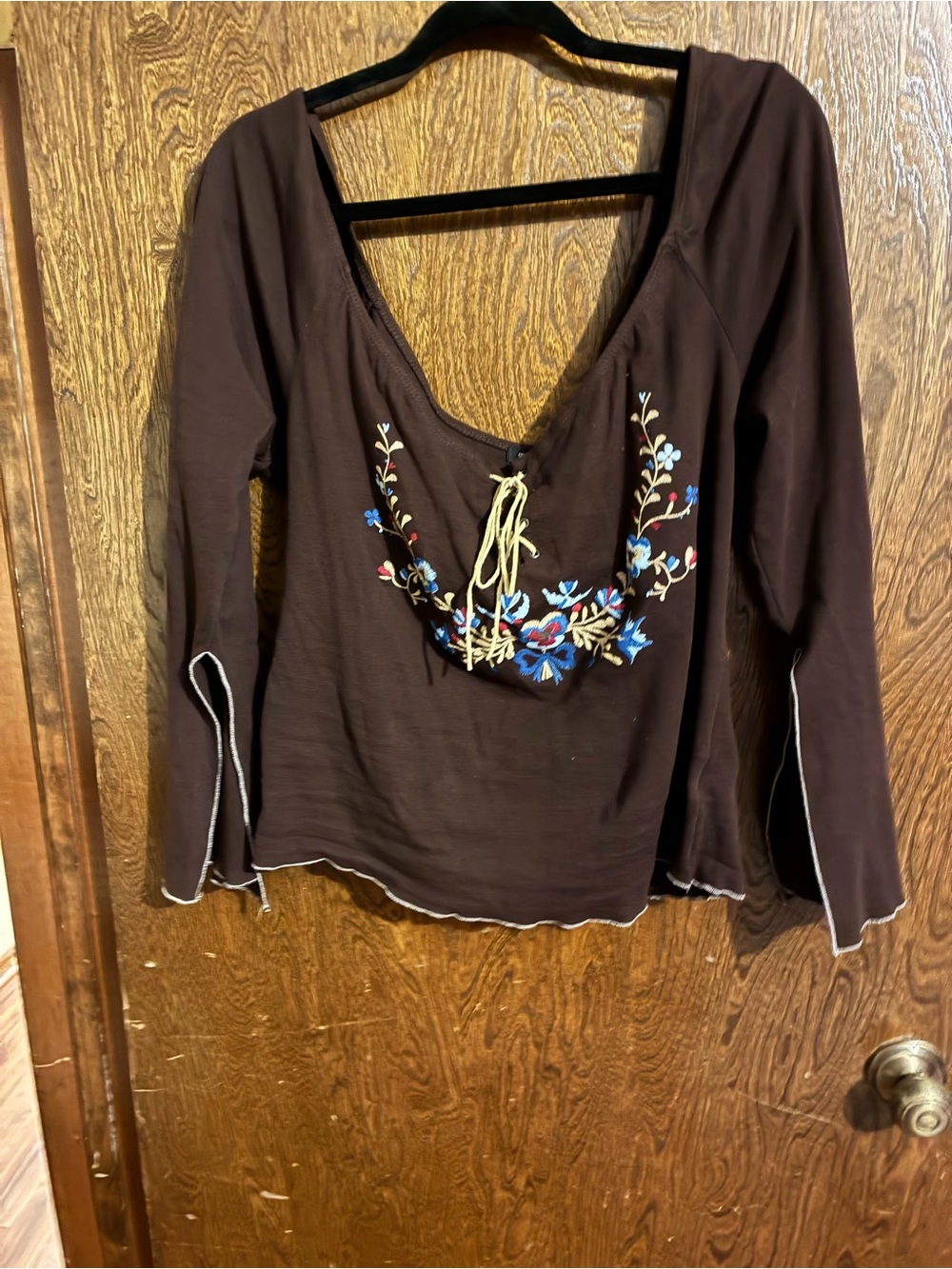 Eyeshadow Brown Long Sleeve Lace-Up Top with Blue Floral Embroidery